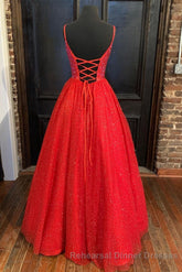 Spaghetti Straps A-line Red Shiny Semi Formal Prom Gown,Long Semi Formal Prom Dresses